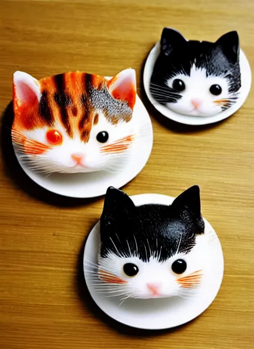 Prompt: clear photorealistic picture of adorable cats made from sushi rice, sitting on sushi plates with garnish