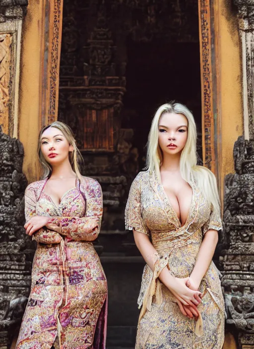 Image similar to portrait of lindsey pelas and anya taylor jou wearing kebaya in bali temple, by charlotte grimm, natural light, detailed face, beautiful features, symmetrical, canon eos c 3 0 0, ƒ 1. 8, 3 5 mm, 8 k, medium - format print, half body shot