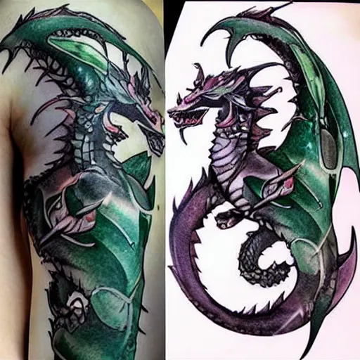 Image similar to anime manga full color dragon!! Emerald and obsidian dragon, forearm tattoo, tattoo