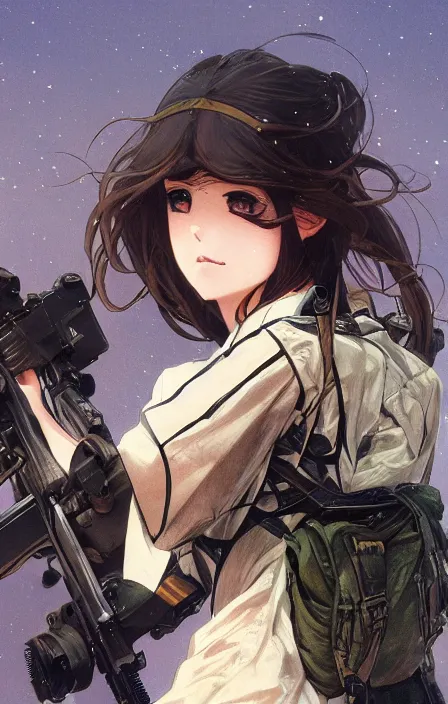 Image similar to infantry girl, anime style, symmetrical facial features long hair, hair down, under heavy fire, explosions, wallpaper, hyper realistic, pale skin, rule of thirds, extreme detail, 4 k, detailed drawing, trending artstation, realistic lighting, trading card, by alphonse mucha, greg rutkowski, sharp focus, backlit, fast helmet