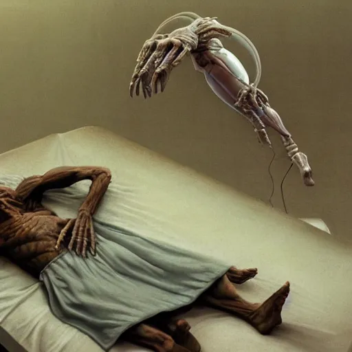 Image similar to an alien conducting experiments on a politician lying on a hospital bed, beksinski, dariusz zawadzki, very coherent symmetrical artwork, cinematic, hyper realism, high detail, octane render, 8 k