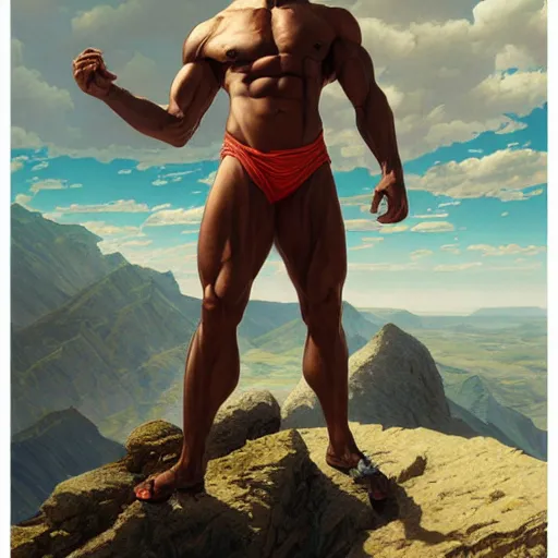 Image similar to ultra realistic illustration, a very tall and muscular gigachad flexing on top of a mountain, zyzz pose, intricate, elegant, highly detailed, digital painting, artstation, concept art, smooth, sharp focus, illustration, art by artgerm and greg rutkowski and alphonse mucha