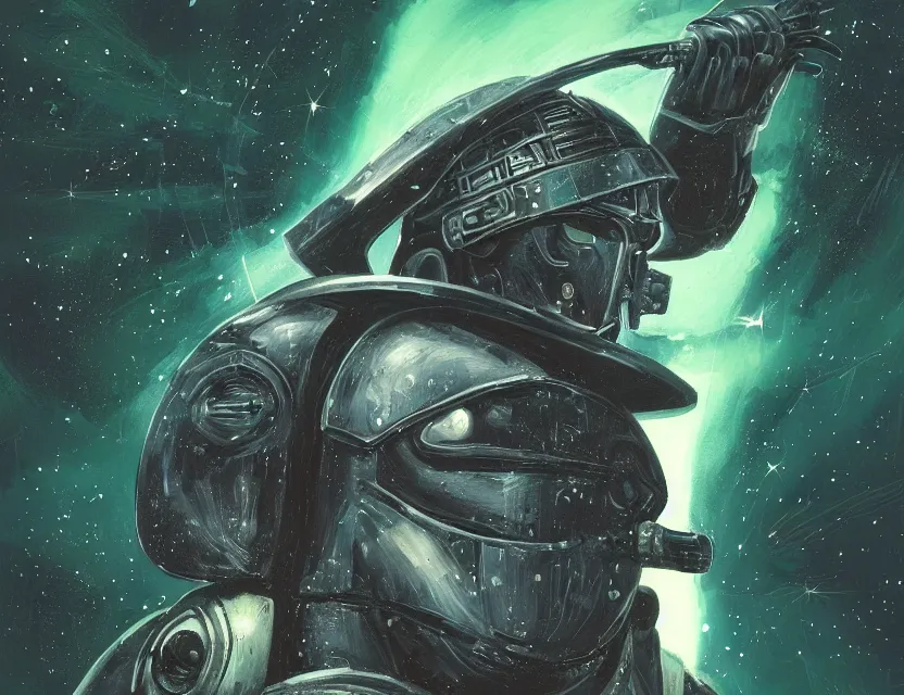 Image similar to a detailed portrait painting of a bounty hunter wearing a reflective visor, standing in a forest holding a weapon, spacecraft flies in the distance. cinematic sci-fi poster. Flight suit, cloth and metal, accurate anatomy. Samurai influence, knight influence. fencing armour. portrait symmetrical and science fiction theme with lightning, aurora lighting. clouds and stars. Futurism by moebius beksinski carl spitzweg moebius and tuomas korpi. baroque elements. baroque element. intricate artwork by caravaggio. Oil painting. Trending on artstation. 8k