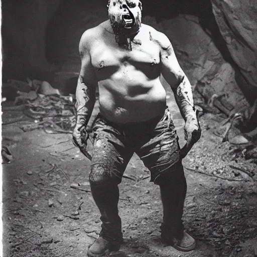 Image similar to big butcher man posing scarily, scary angry pose, fresh kill, bloody, cleaver, earie setting, in a dark cave, horror, hyperdetailed