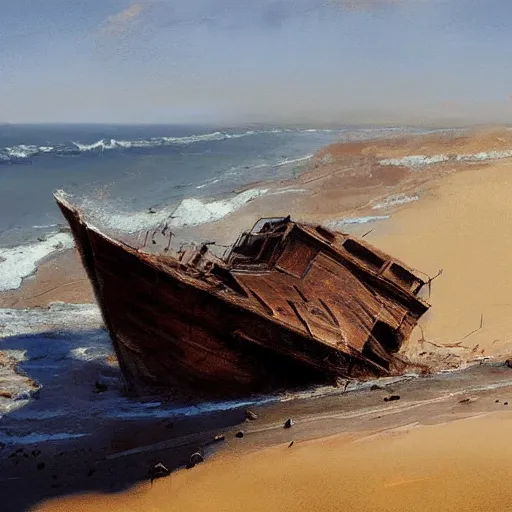 Image similar to shipwreck on a sandy beach on a sunny day, art by craig mullins, highly detailed, trending on artstation, award winning