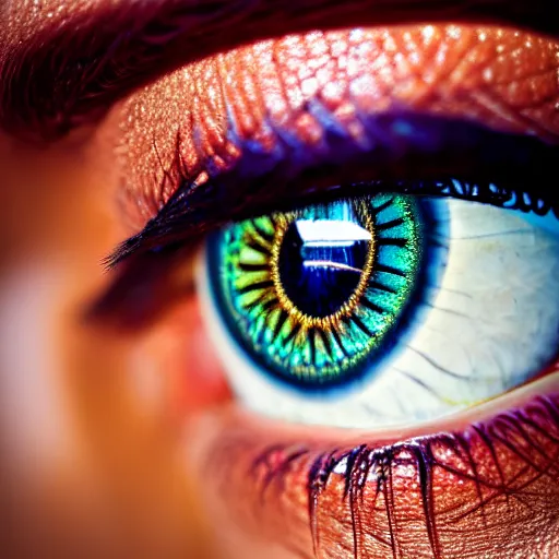 Image similar to extremely beautiful photographic picture of en eye highlighting the iris. intricate, elegant, highly detailed, extremely lifelike photorealistic, anatomically correct. sultry. sharp focus. color