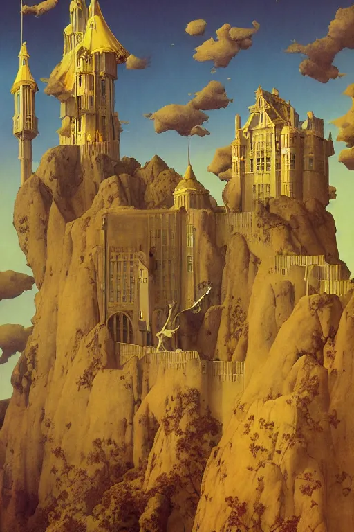 Prompt: a surreal castle made of books, digital painting by maxfield parrish and leyendecker and michael whelan, photorealistic