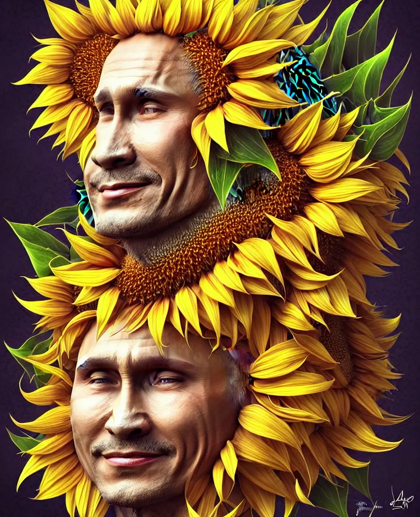 Image similar to digital art, centered full body of Putin smiling king, Sunflower crown, ,intricate, veins, by James Jean and by artgerm , by ross tran ultradetailed, charachter design, concept art, trending on artstation,