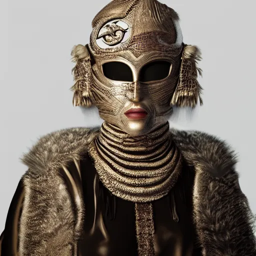 Prompt: portrait of masked dune dynasty with chanel clothes, white background, chanel logo, 8 k, symmetrical, 3 d render, octane render, insane details