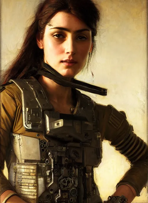 Image similar to beautiful cyberpunk pilot wearing military vest. attractive face. Iranian orientalist portrait by john william waterhouse and Edwin Longsden Long and Theodore Ralli and Nasreddine Dinet, oil on canvas. Cinematic, hyper realism, realistic proportions, dramatic lighting, high detail 4k