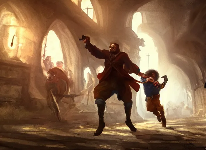 Prompt: man with curly and round glasses wearing rags chasing a french musketeer, fantasy, digital painting, dramatic lighting, vibrant setting, realistic shading, unreal engine 5, concept art, ultra detailed, trending artstation