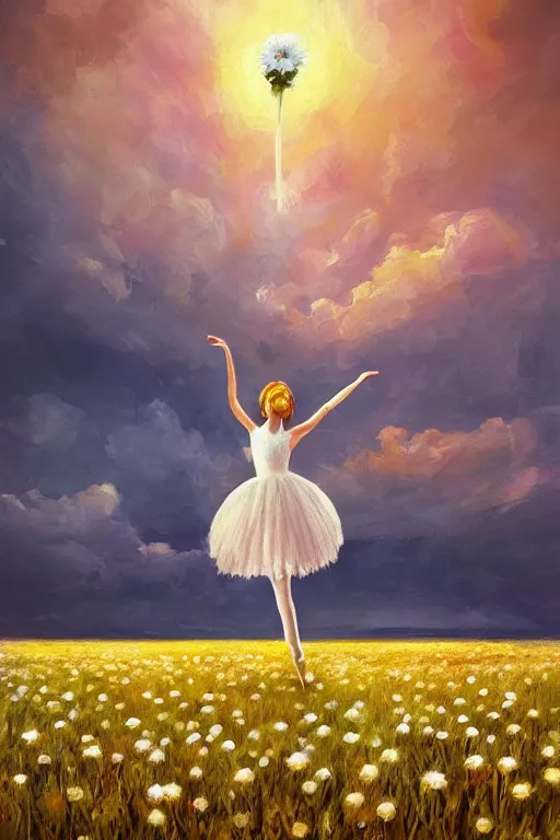 Prompt: giant white daisy flower as head, girl ballet dancing in a flower field, surreal photography, sunrise, dramatic light, impressionist painting, colorful clouds, digital painting, artstation, simon stalenhag