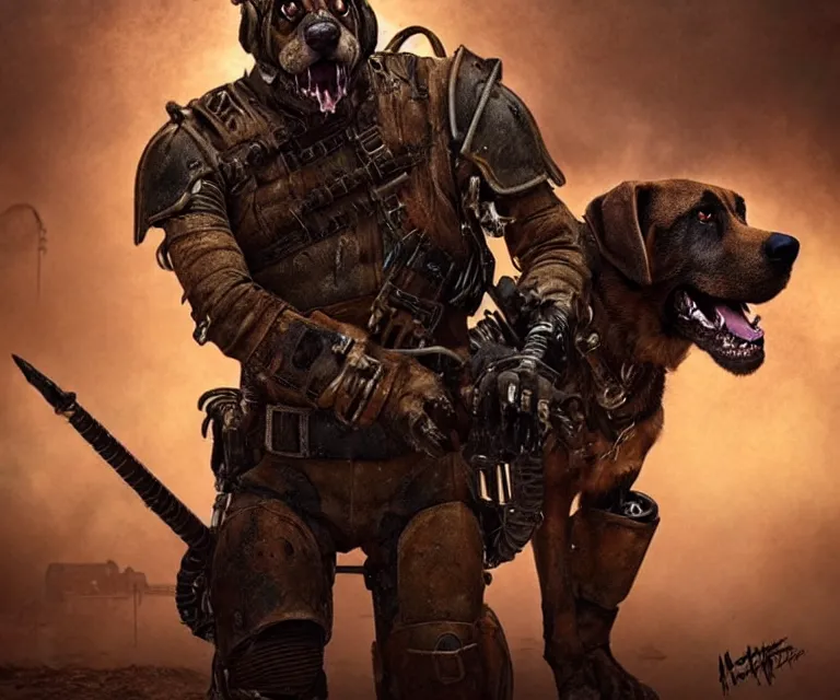 Image similar to a good ol'hound dog fursona ( from the furry fandom ), heavily armed and armored facing down armageddon in a dark and gritty version from the makers of mad max : fury road. witness me.