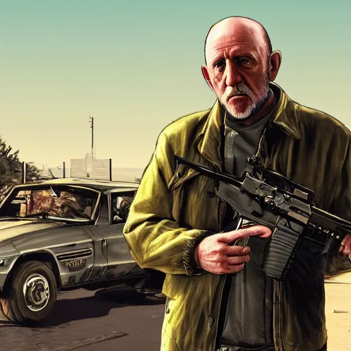 Image similar to Mike Ehrmantraut holding a rifle in GTA V, cover art by stephen bliss, highly detailed, 4k