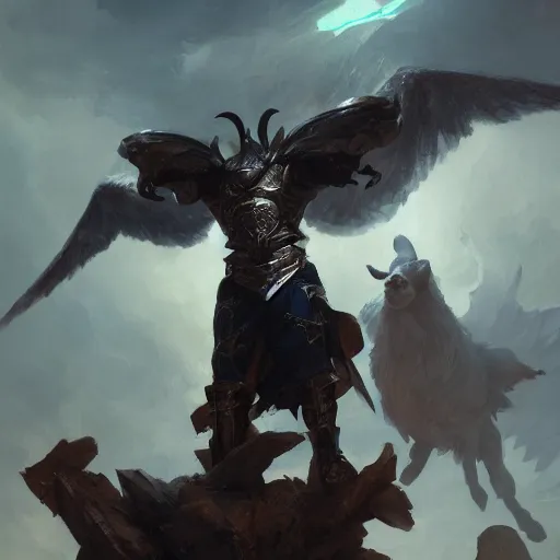 Image similar to balanced scale with a goat and tyrael the archangel, oil painting, tooth wu, greg rutkowski, rpg, dynamic lighting, fantasy art, high contrast, depth of field