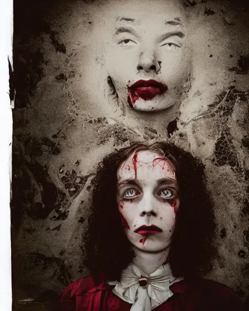 Image similar to an instant photo of a beautiful but creepy girl in layers of fear, with haunted eyes and curly hair, wearing a vivienne westwood collar, 1 9 7 0 s, seventies, wallpaper, moorland, a little blood, moonlight showing injuries, delicate embellishments, painterly, offset printing technique, by mary jane ansell