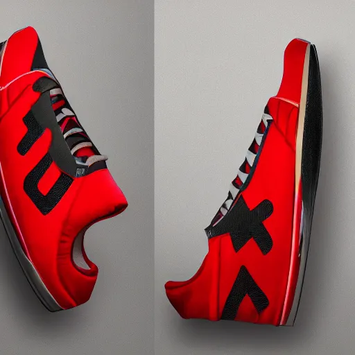 Prompt: a pair of sneakers based off of christmas, award winning product photography, studio lighting, black background,