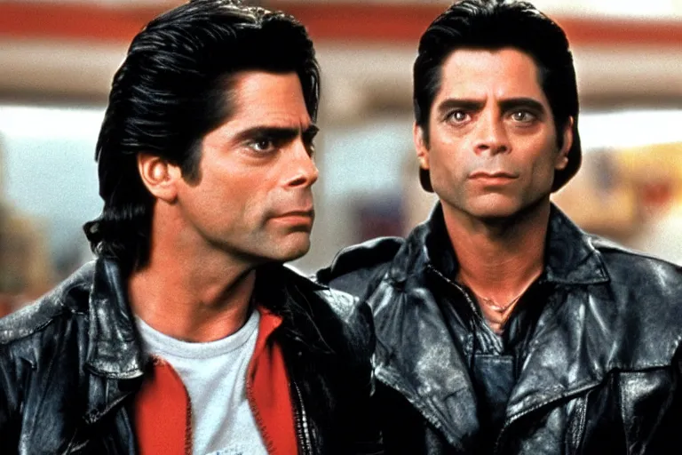 Image similar to uncle jesse from full house looks like a terminator, metal on his face, one red eye, movie still, from the movie terminator 2 judgement day, 8 k, cinematic lighting