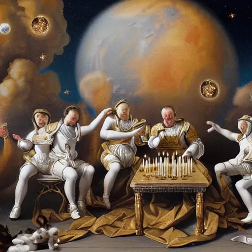 Image similar to ultra detailed baroque painting of astronauts performing a seance on the moon