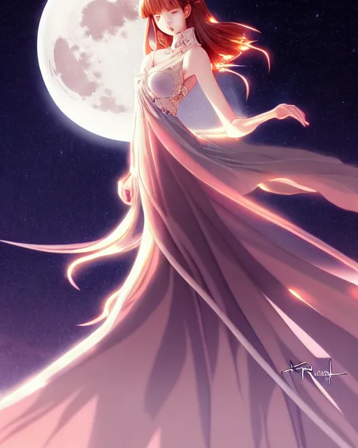 Image similar to beautiful good witch, symmetrical face and body, full moon night, anime style only, wallpaper aesthetic, joyful, cinematic, dramatic, super detailed and intricate, hyper realistic, 4 k render, by artgerm, by kyoung hwan kim, by ralph mcquarrie, by yoshiyuki tomino