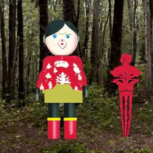 Image similar to a large grandmother doll with nutcracker mouth in a dark forest, red laser eyes cut down trees, horror