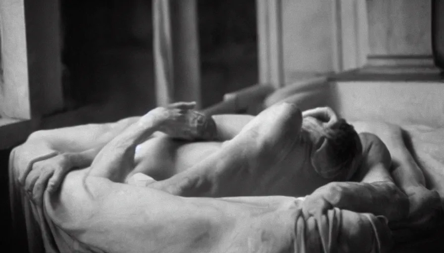 Prompt: movie still of jean - paul marat wounded at the chest, bleeding in the bath, cinestill 8 0 0 t 3 5 mm b & w, high quality, heavy grain, high detail, cinematic composition, dramatic light, anamorphic, ultra wide lens, hyperrealistic, by josef sudek