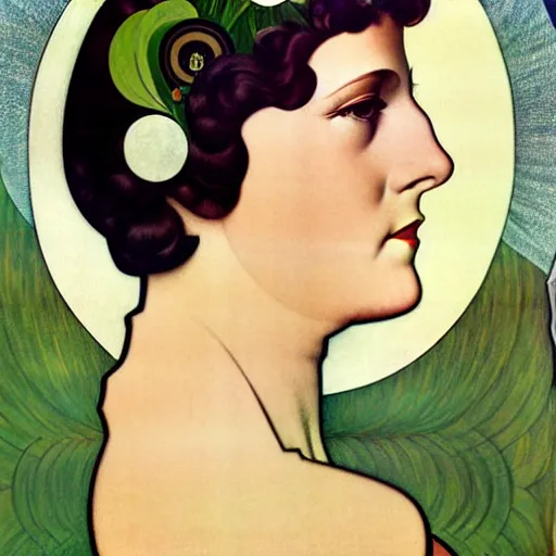 Image similar to Art in the style of Coles Phillips, Gaia, Full figured Mother Earth, portrait, Mucha, Georgia O'Keeffe