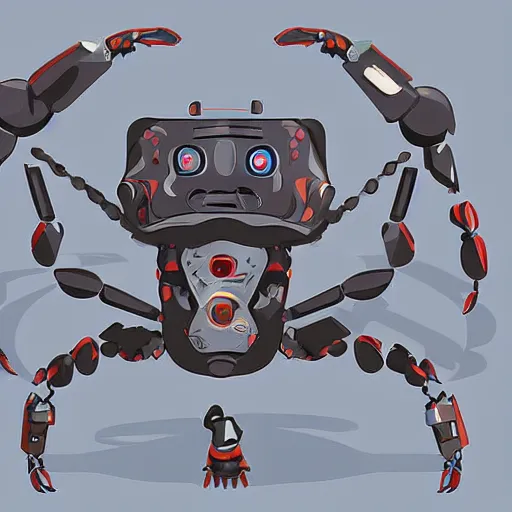 Image similar to a robotic crab wielding guns and wearing a mask over his face, digital art