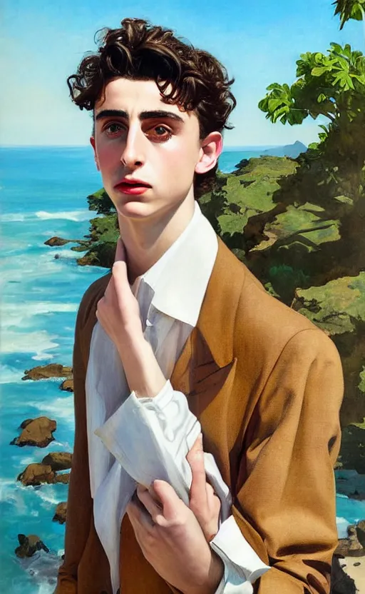 Prompt: Timothee Chalamet, the most beautiful androgynous man in the world, intense painting, sunny day at beach, tropical island, +++ super supper supper dynamic pose,  digital art, +++ quality j.c. leyendecker, limited edition, shiny