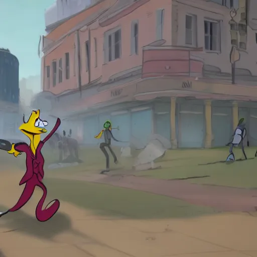 Image similar to goofy fights against the patriarchy in a post apocalyptic city realistic 4 k