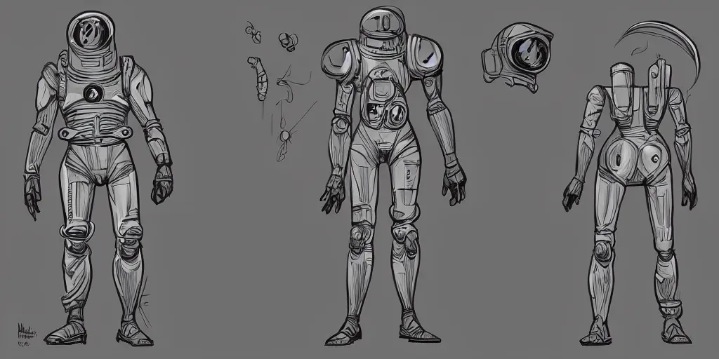 Prompt: male, fully body, elongated figure, science fiction space suit with a helmet, large shoulders, short torso, long thin legs, tiny feet, character sheet, funko, digital sketch, hyperdetailed, dieselpunk, stylized character design, concept design, in the style of mike mignola