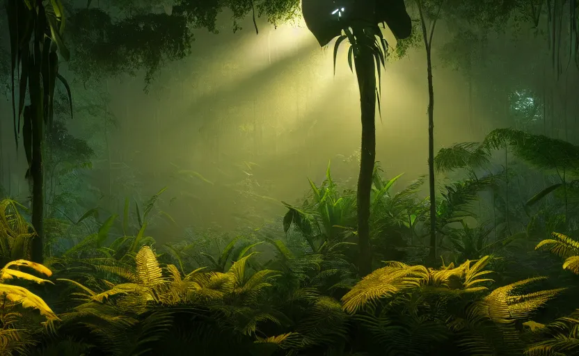 Prompt: a beautiful render of a dark prehistoric cloud forest, lush flora, patches of yellow - orange sky, dark green leaves, intricate detail, god rays, hazy, humid, volumetric lighting, 8 k, photorealistic, raytracing effects, unreal engine 5