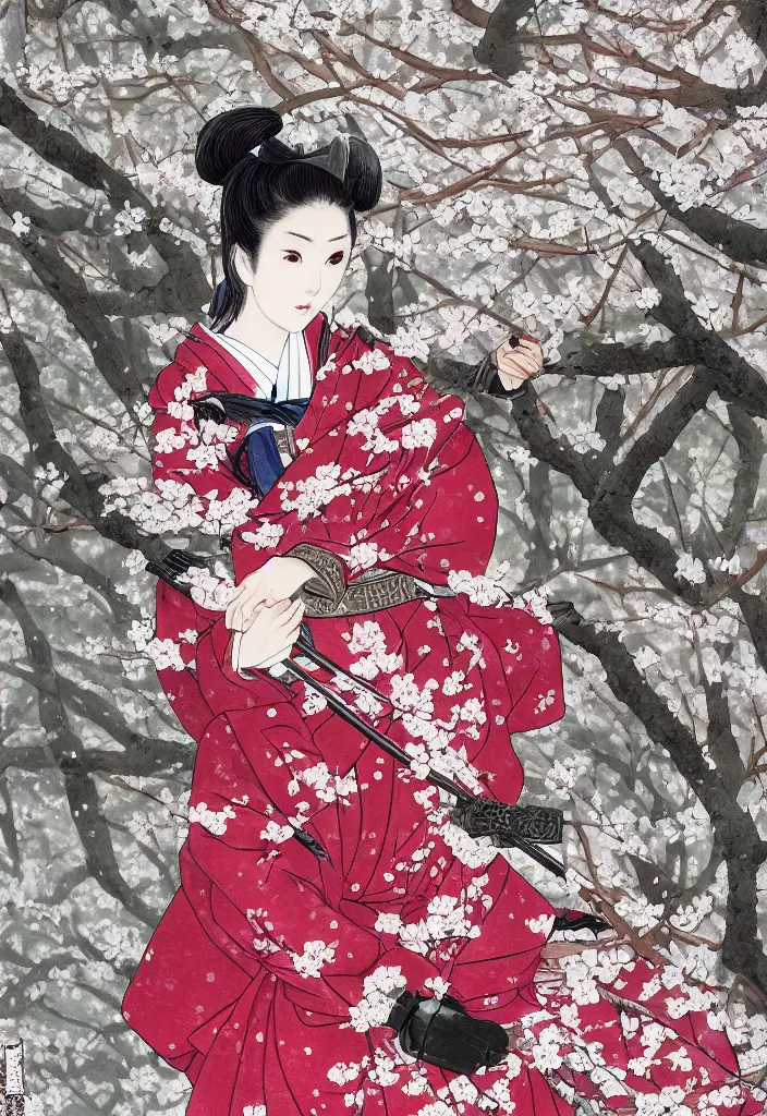 Image similar to detailed portrait of girl samurai in hakama with swords and rifles, in snow forest sakura cherry blossom, hakama kimono, taisho roman, trending on artstation, elite, elegant, luxury, by takato yamamoto, perfect face, fine details, realistic shaded, fine - face, pretty face