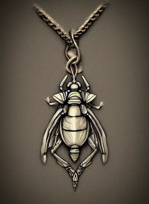Image similar to concept art of small insect pendant, fantasy illustration, trending on artstation, dungeon and dragon, symmetry, item art, high res