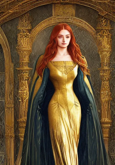 Prompt: sansa stark in gold dress with long hair, intricate, elegant, highly detailed, digital painting, artstation, concept art, smooth, sharp focus, illustration, art by artgerm and greg rutkowski and alphonse mucha and william - adolphe bouguereau