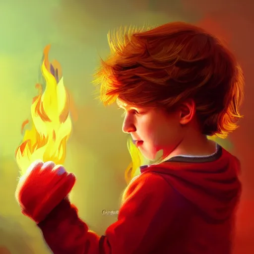 Prompt: colorful and festive captivating young child boy, brown fluffy hair, wearing red and yellow clothes, shooting a fire ball out of his fist. rich vivid colors, ambient lighting, dynamic lighting, 4 k, atmospheric lighting, painted, intricate, highly detailed by charlie bowater