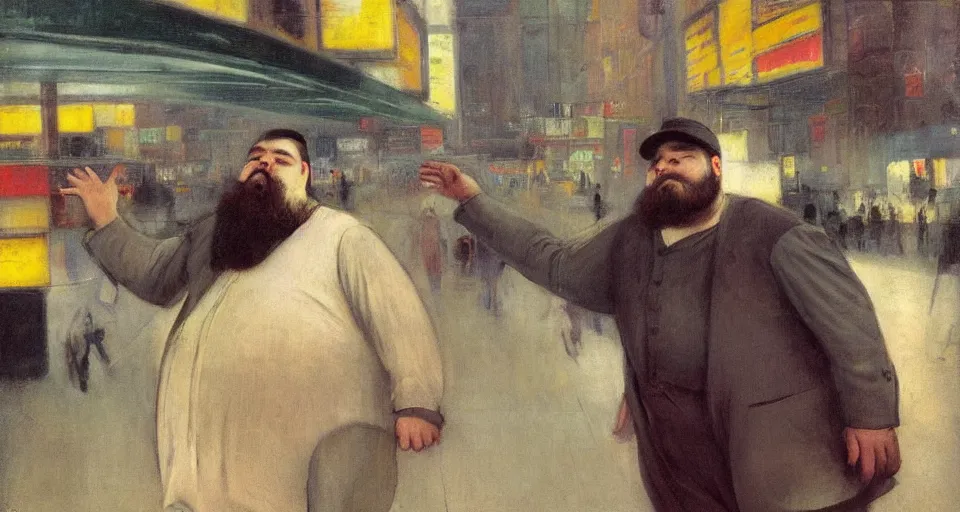 Prompt: portrait of a chubby bearded young man dancing the subway in new york, glowing with silver light, color by Franz Marc, highly detailed architecture by Jean-Léon Gérôme, by Winsor McCay, today's featured photograph, 16K