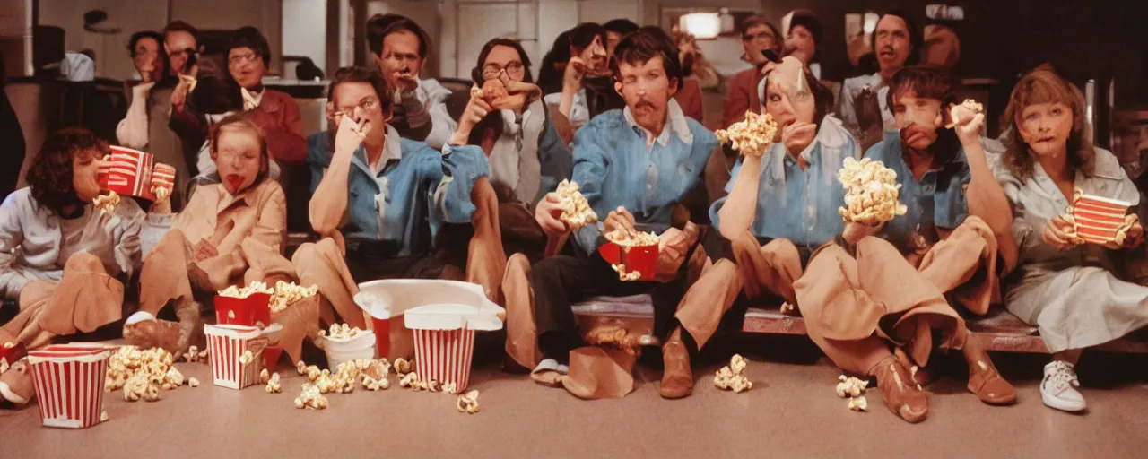 Image similar to people at the movies eating spaghetti out of a popcorn container, kodachrome, in the style of wes anderson, retro