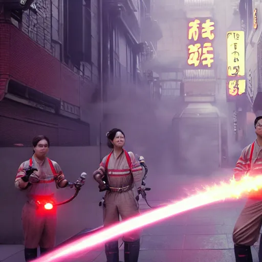 Image similar to ghostbusters in feudal japan, steam punk aesthetic, cinematic quality, high octane, splash art, movie still, cinematic lighting, ray tracing, detailed face, octane render, long lens, shallow depth of field, bokeh, anamorphic lens flare, 8 k, hyper detailed, 3 5 mm film grain