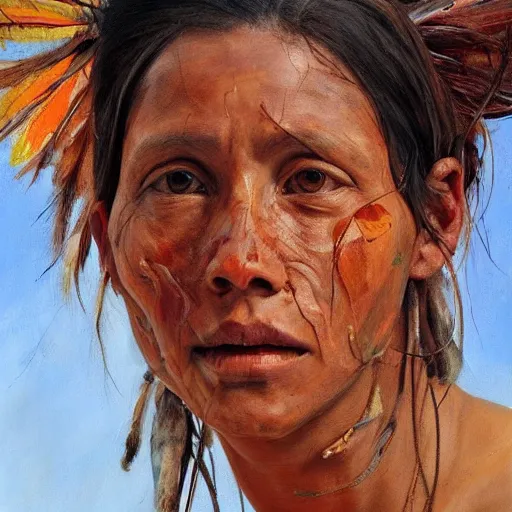 Prompt: high quality high detail painting by jenny saville, hd, a skinny beautiful indigenous woman tribe leader, hair in wind, photorealistic lighting