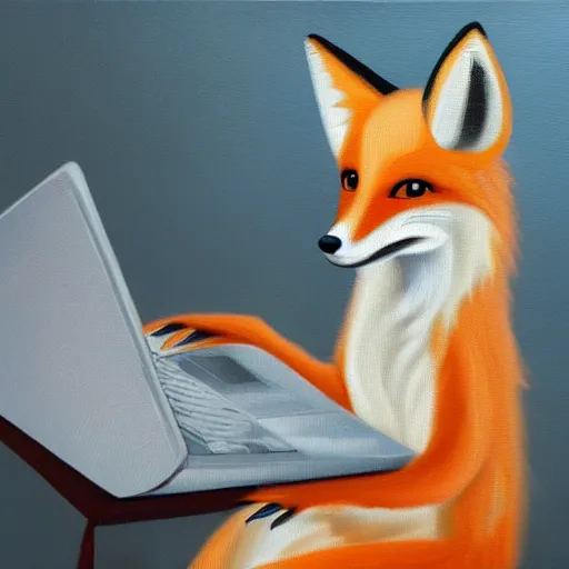 Image similar to oil painting of a fox typing on a laptop