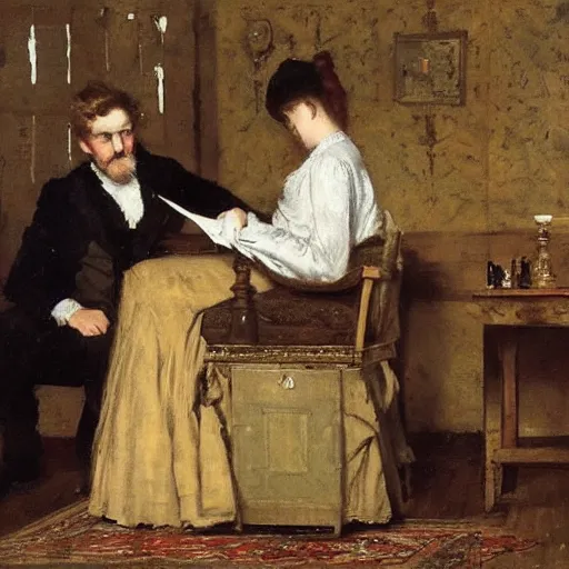 Image similar to man and woman solving an escape room riddle by alfred stevens