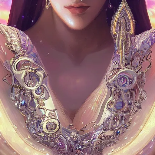 Prompt: a beautiful photorealistic diamond hand chain made of platinum glowing in sparkles with heavenly notes neo rococo, pearls and shells, highly detailed sailor moon aesthetic, fantasy, intricate, elegant, highly detailed, digital painting, artstation, concept art, matte, sharp focus, illustration, artgerm and greg rutkowski and alphonse mucha