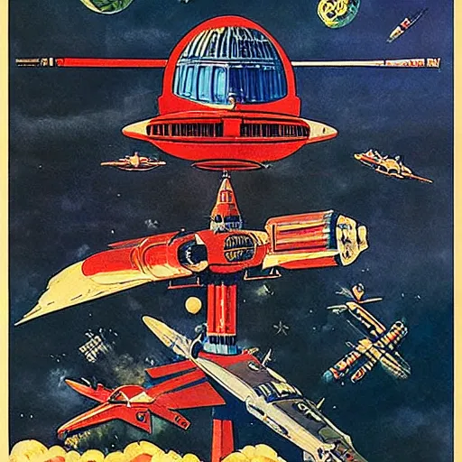 Image similar to soviet spaceship in the style of norman rockwell, world war 2, wwii, propaganda poster, sci - fi illustrations, highly detailed, award - winning, patriotic, soviet, ussr, dark, gritty, ink