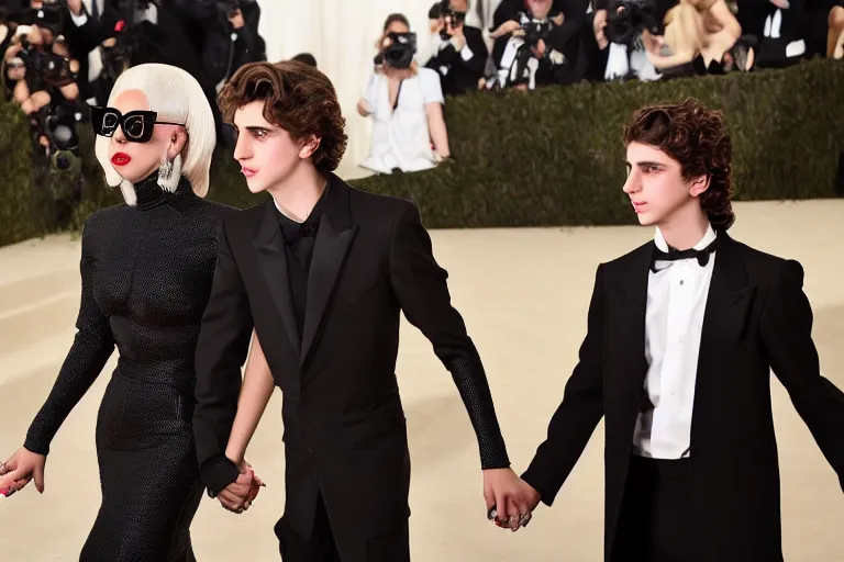 Image similar to lady gaga and timothee chalamet holding hands, red weapon 8 k s 3 5, cooke anamorphic / i lenses, highly detailed, cinematic lighting