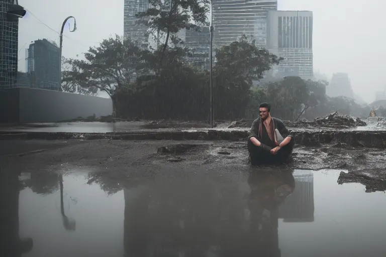 Image similar to a photo of heavy rain on a man sitting on a car in a sunken city, outdoor lighting, dynamic lighting, volumetric, wide angle, anamorphic lens, go pro, 4k