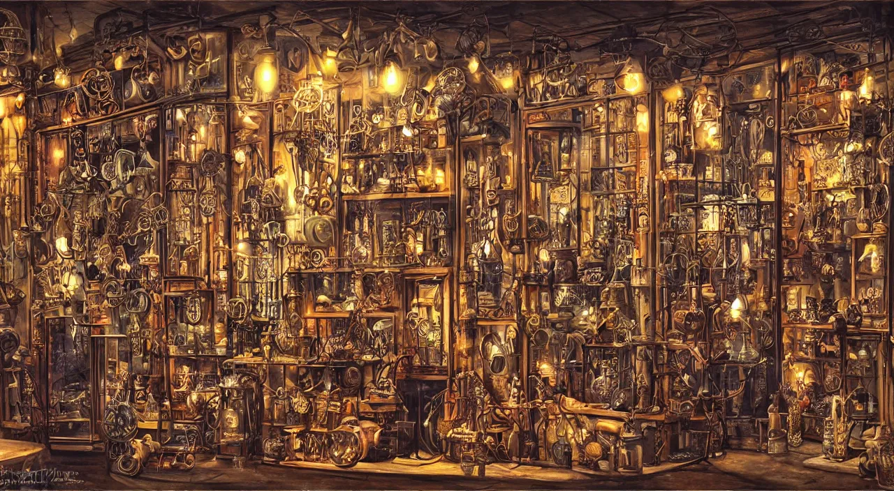 Image similar to steampunk shop window by guido borelli da caluso, darkness, neon lights, photo realistic, completely filled with interesting oddities, things hanging from ceiling, light bulbs, cinematic