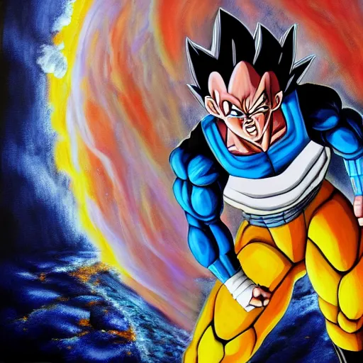 Prompt: oil paint of a fusion of old vegeta and oabama as a oil painting, gogeta, realistic painting, non anime, 4 k, detailed, full body, painting, on paper, paint smears, smooth, by a oil painter