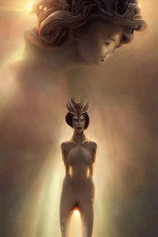 Image similar to a subtle lighting photo of an elegant beautiful alien queen, light colors, bright, sunbeams, eloquent, fancy, lovely, beautiful lighting, artgerm, tom bagshaw, gerald brom,