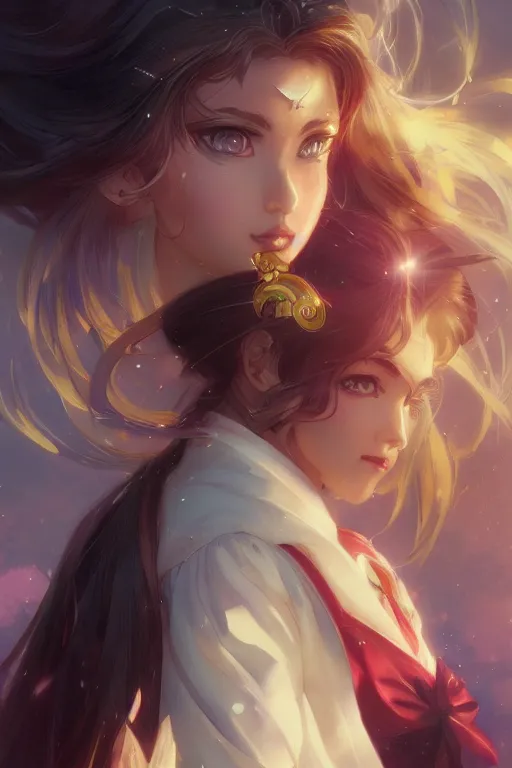 Image similar to Sailor Moon slight smile, highly detailed, digital painting, artstation, concept art, sharp focus, illustration, art by artgerm and greg rutkowski and alphonse mucha